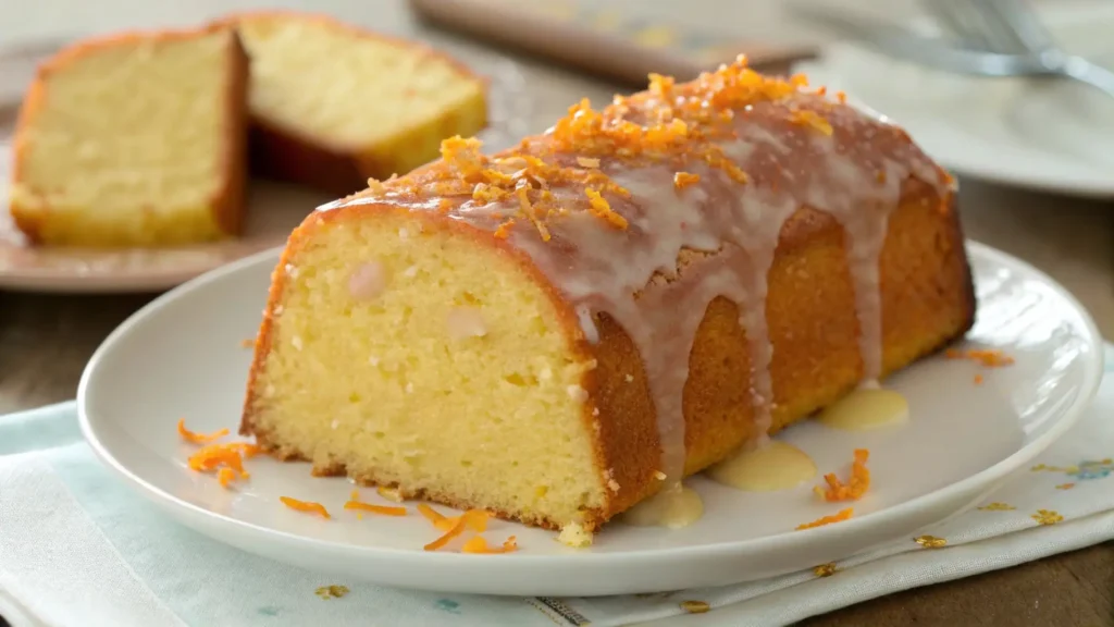 Glazed orange pound cake loaf on a white plate, topped with orange zest, with a moist sliced interior visible and extra slices blurred in the background.