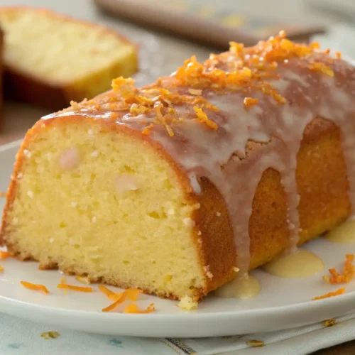 Easy Orange Pound Cake Recipe - Bright, Moist, and Simple 2 Glazed orange pound cake loaf on a white plate, topped with orange zest, with a moist sliced interior visible and extra slices blurred in the background.