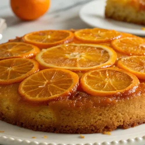 Orange upside-down cake topped with caramelized orange slices arranged in a circular pattern, served on a white plate with a golden citrus glaze.