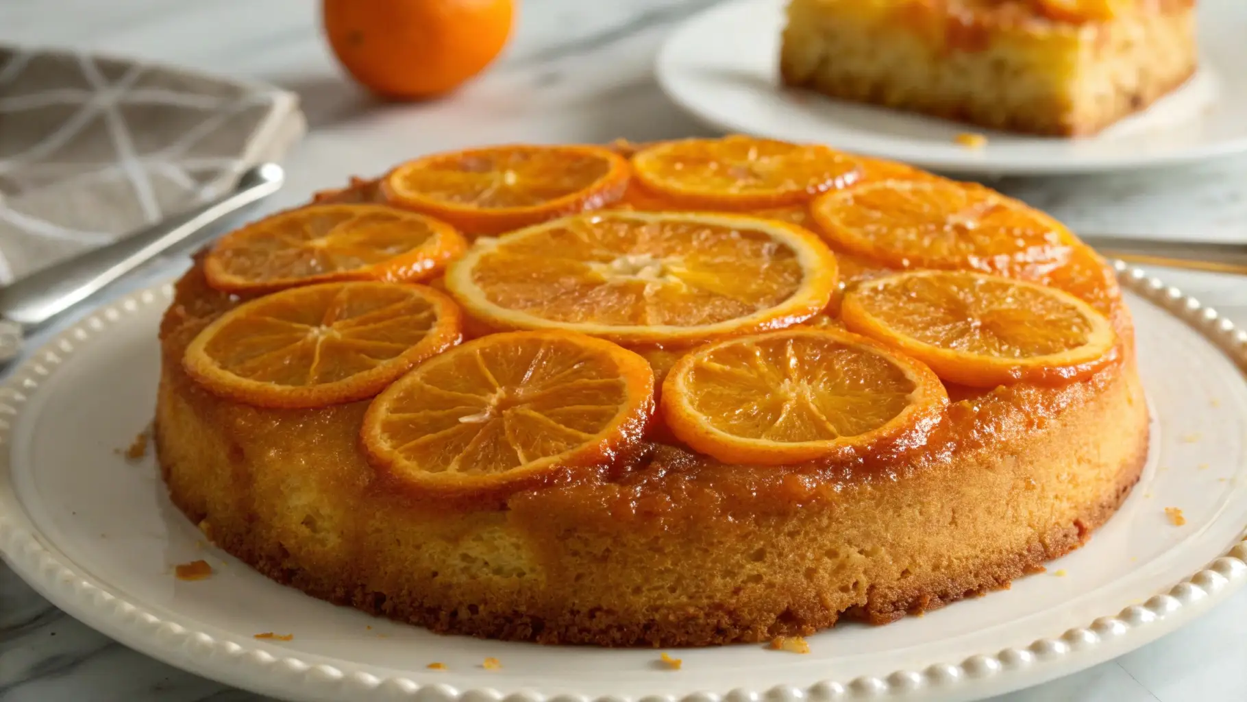 Orange upside-down cake topped with caramelized orange slices arranged in a circular pattern, served on a white plate with a golden citrus glaze.