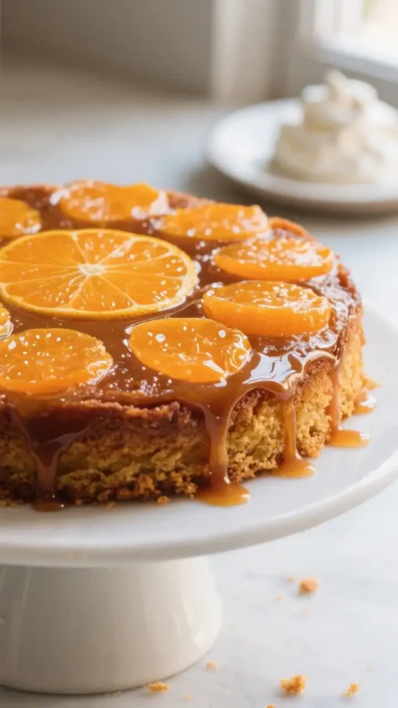 Orange upside-down cake topped with caramelized orange slices and glossy caramel sauce dripping over the sides, served on a white cake stand with a soft blurred background.
