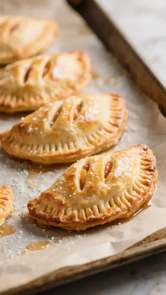 A close-up shot of golden-brown hand pies on a baking sheet lined with parchment paper. Each hand pie features a crimped edge and a beautiful lattice top, sprinkled with large sugar crystals and showing glimpses of vibrant orange filling within. A small pool of amber-colored syrup surrounds the pies, enhancing their delicious appearance. The pies are neatly arranged in a row, leading the eye into the depth of the image. The warm lighting highlights the flaky texture of the crust, making them irresistible.