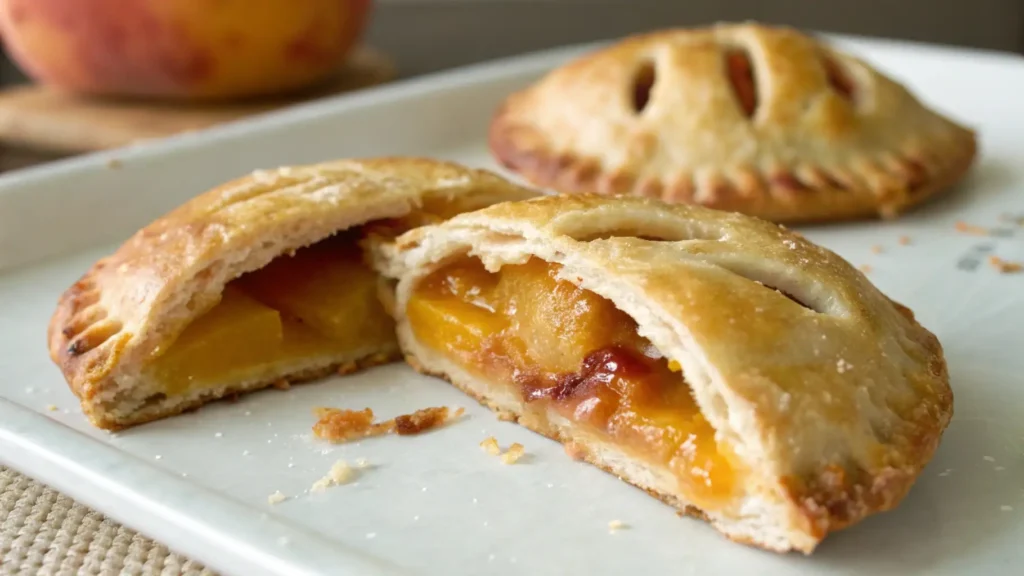 A close-up view of two homemade peach hand pies on a white serving dish. One pie is split open, revealing a vibrant peach and red berry filling, while the other remains whole and has a beautiful lattice-patterned top. The pies sit on a light-colored woven placemat, and a blurry peach and other kitchen elements are visible in the background, creating a warm and appetizing atmosphere.