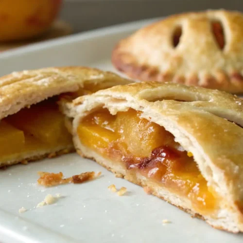 A close-up view of two homemade peach hand pies on a white serving dish. One pie is split open, revealing a vibrant peach and red berry filling, while the other remains whole and has a beautiful lattice-patterned top. The pies sit on a light-colored woven placemat, and a blurry peach and other kitchen elements are visible in the background, creating a warm and appetizing atmosphere.