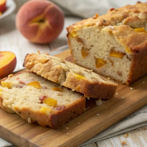 Sliced peach bread loaf on a wooden cutting board with fresh peaches and peach slices in the background.