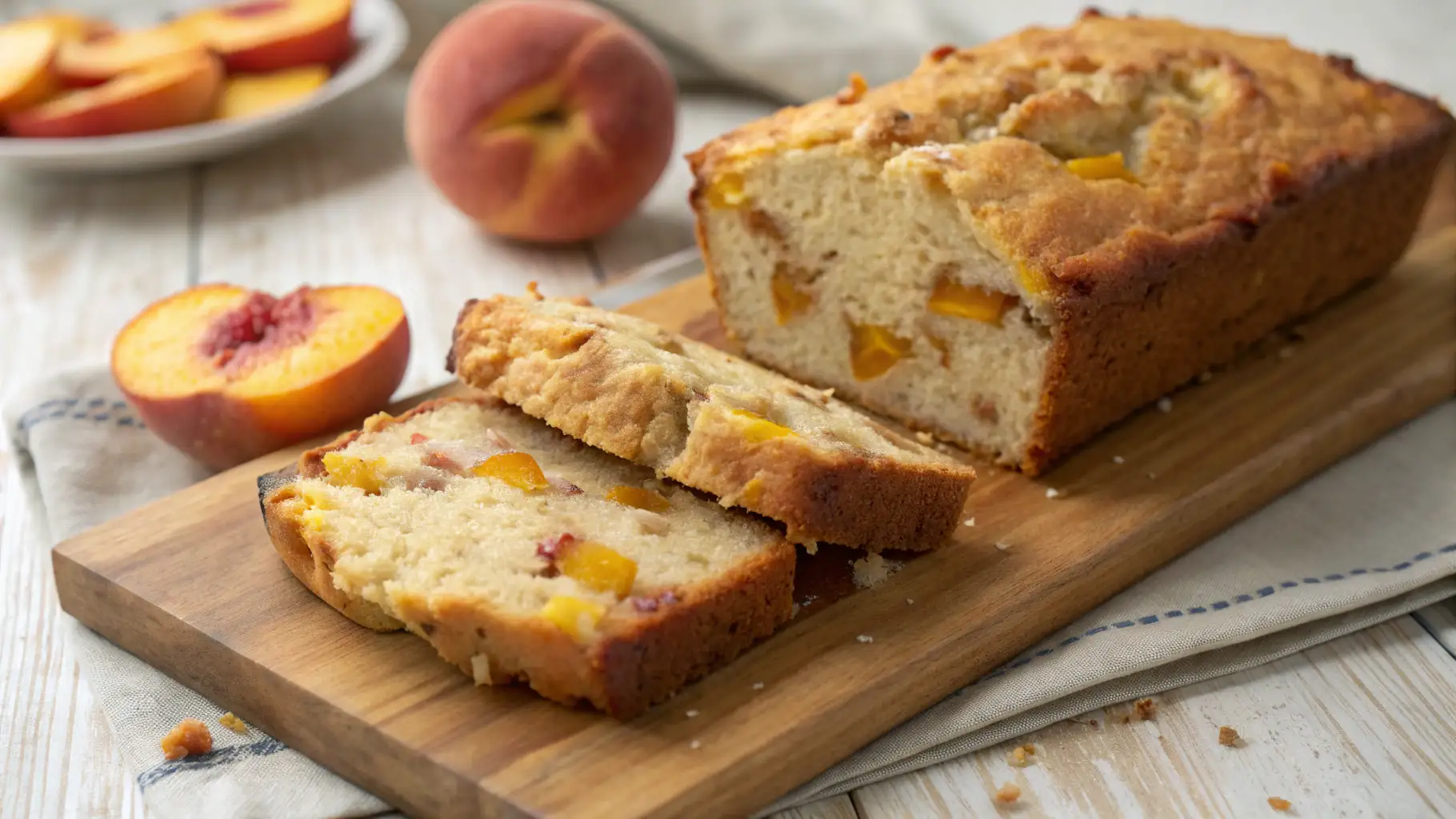 Sliced peach bread loaf on a wooden cutting board with fresh peaches and peach slices in the background.