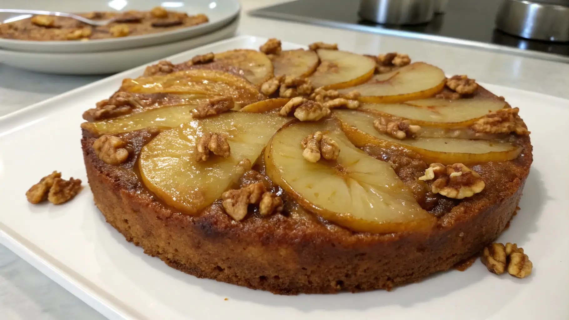 Pear walnut upside-down cake with caramelized pear slices and crunchy walnuts on a moist golden sponge