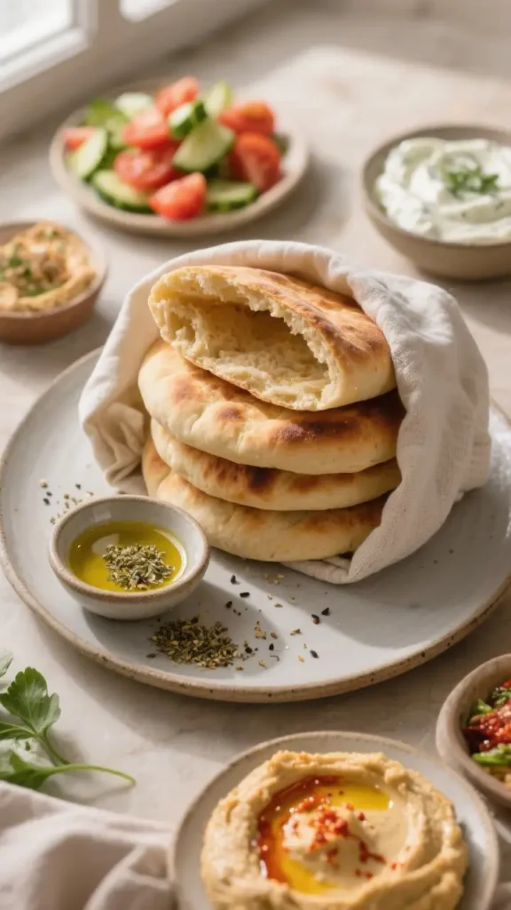 Stack of freshly baked pita bread with one piece cut open, served with olive oil and dips