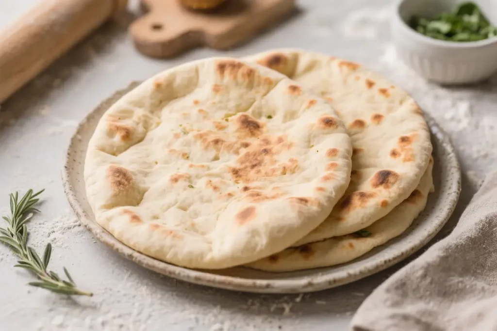 Freshly baked pita bread stacked on a plate with light browning and soft, puffy texture