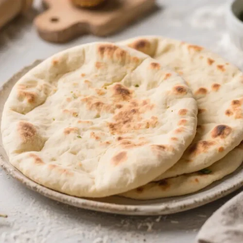 Freshly baked pita bread stacked on a plate with light browning and soft, puffy texture
