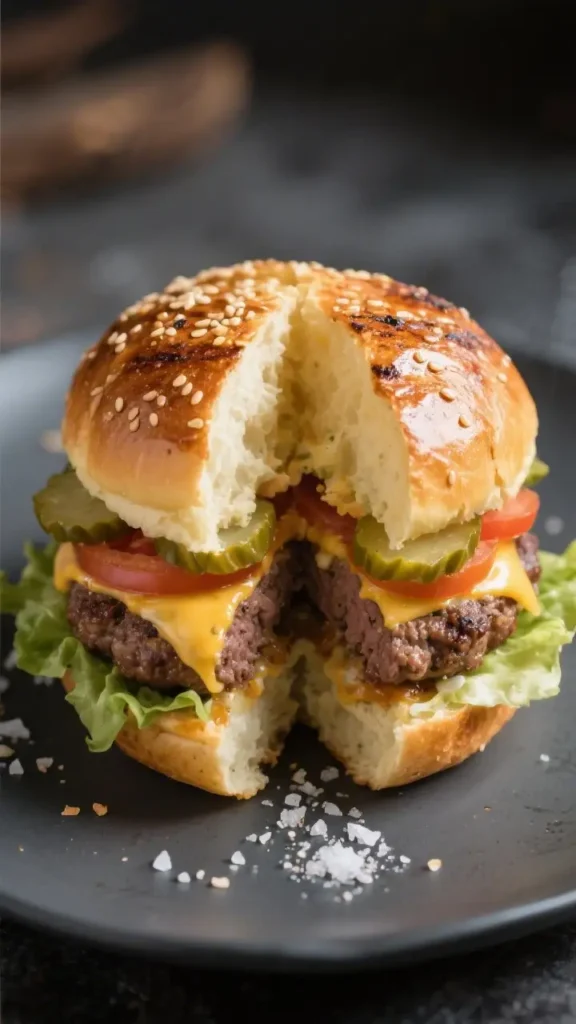 Soft potato burger bun with sesame seeds filled with beef patty cheese lettuce tomato and pickles cut in half