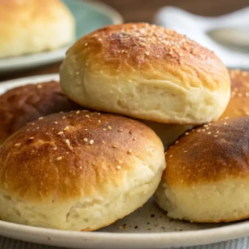 Soft, golden-brown potato burger buns with a light sesame topping arranged on a plate.