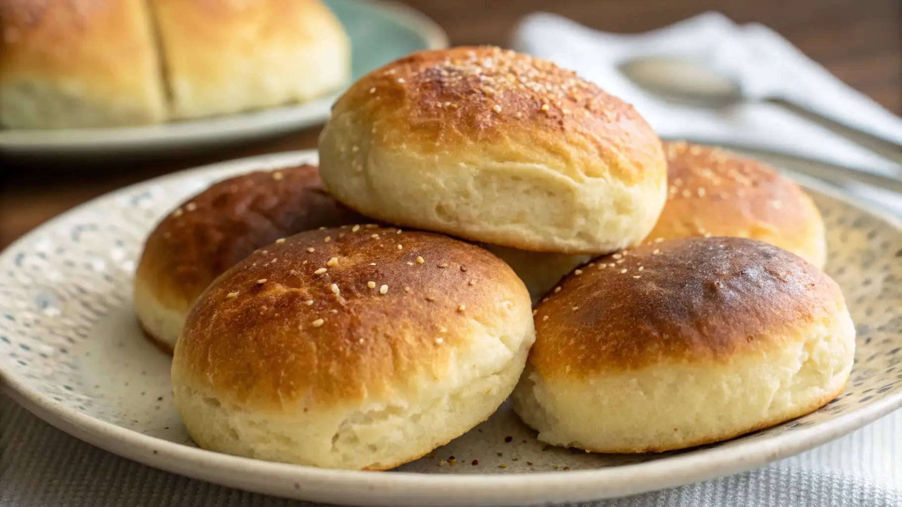 Soft, golden-brown potato burger buns with a light sesame topping arranged on a plate.