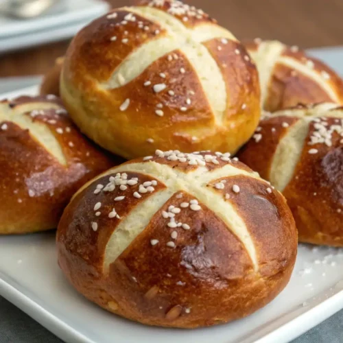 Golden brown homemade pretzel buns topped with coarse salt on a plate.