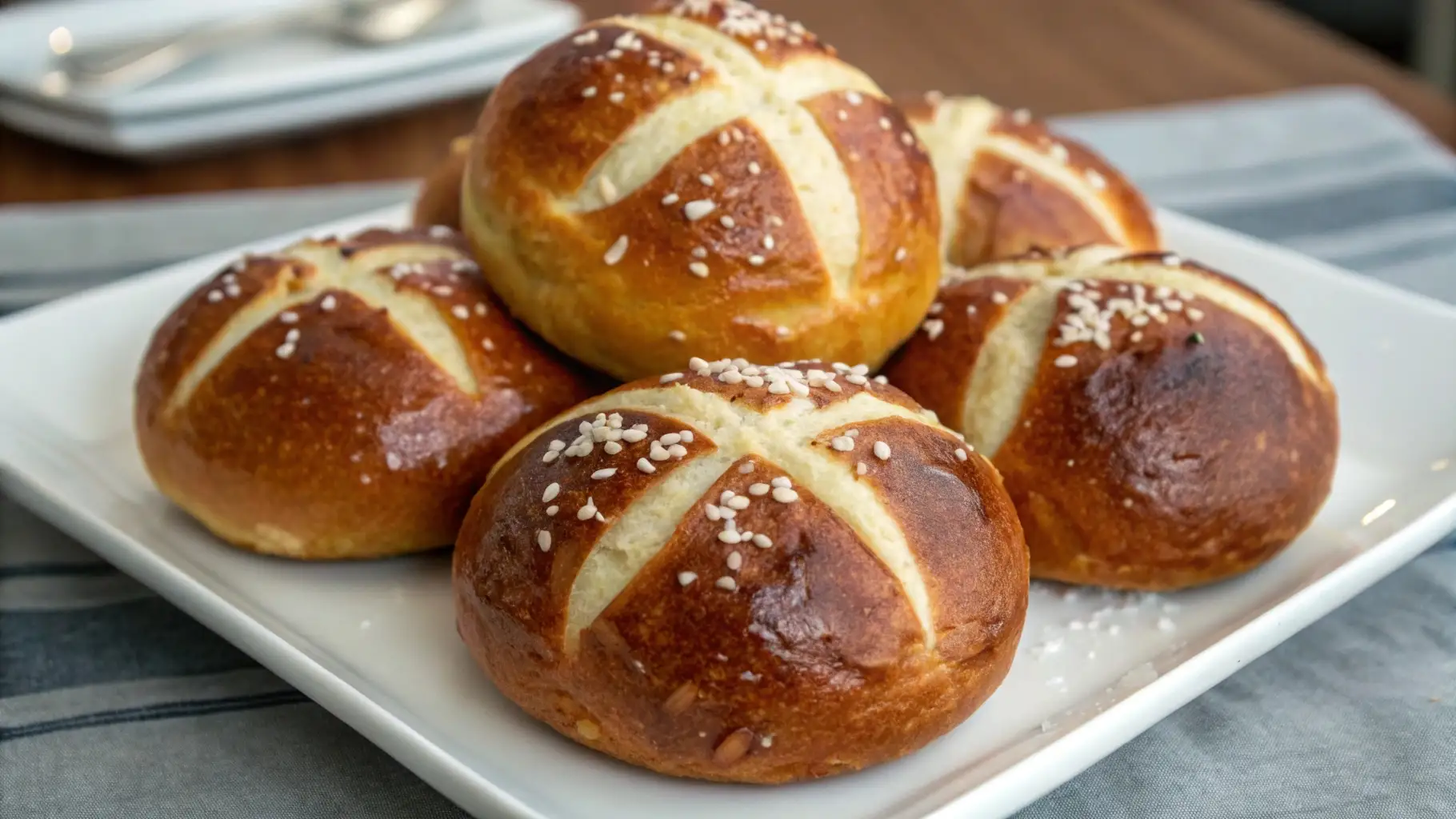 Golden brown homemade pretzel buns topped with coarse salt on a plate.