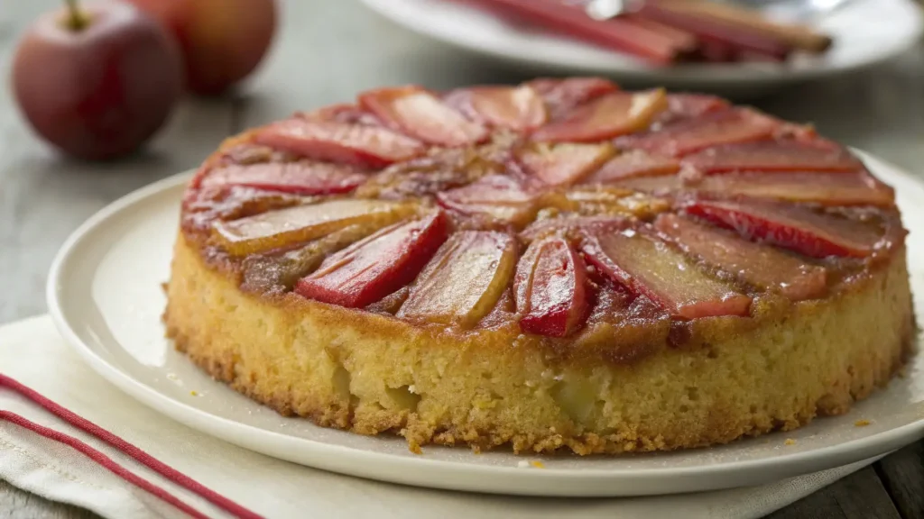 Rhubarb upside down cake with caramelized topping and moist golden crumb on a white plate