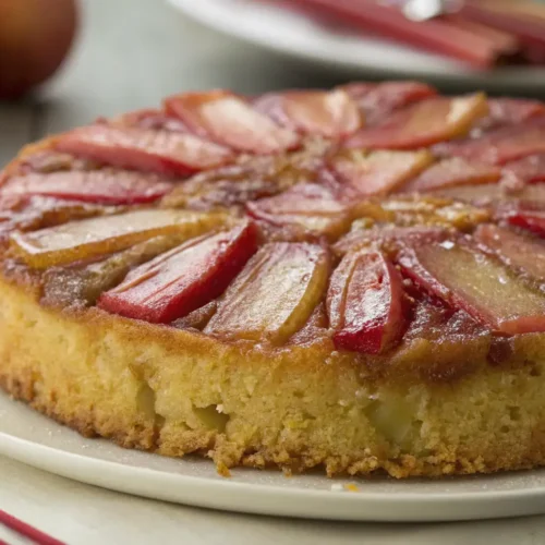 Rhubarb upside down cake with caramelized topping and moist golden crumb on a white plate
