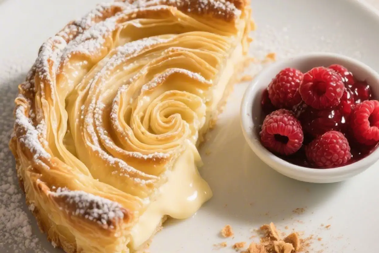 Slice of ruffled milk pie made with crispy phyllo layers and creamy custard filling, dusted with powdered sugar and served with fresh raspberries.