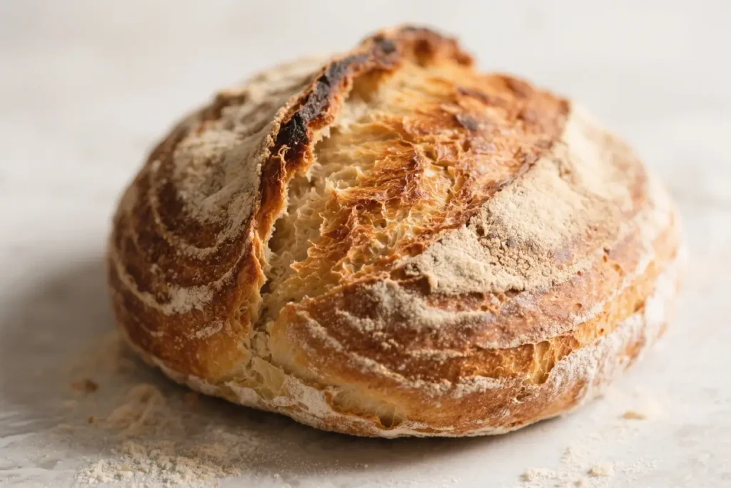 Rustic artisan sourdough boule with a golden crust and flour-dusted surface.