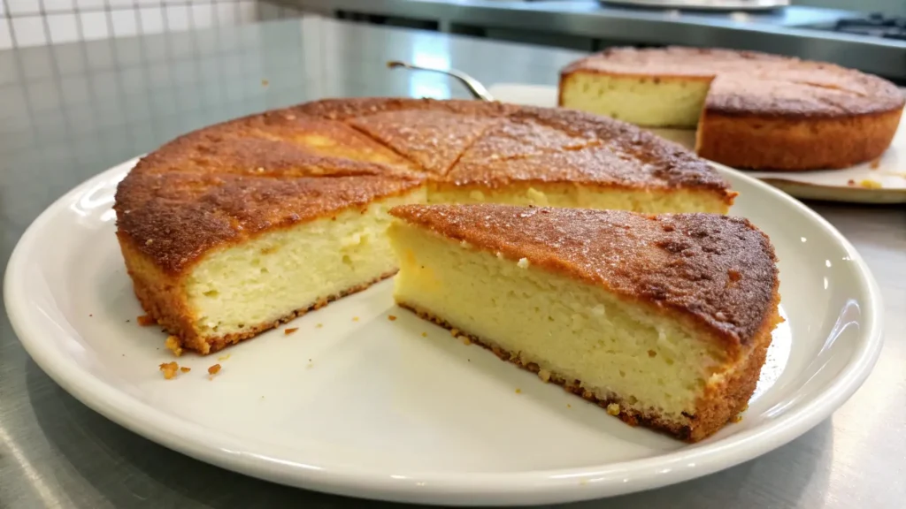 Semolina and ricotta cake on a white plate with one slice removed, showing a soft creamy interior and golden browned top in a kitchen setting.