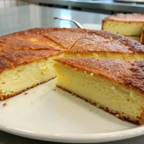 Easy Semolina and Ricotta Cake – Soft, Sunny, and Simple 2 Semolina and ricotta cake on a white plate with one slice removed, showing a soft creamy interior and golden browned top in a kitchen setting.
