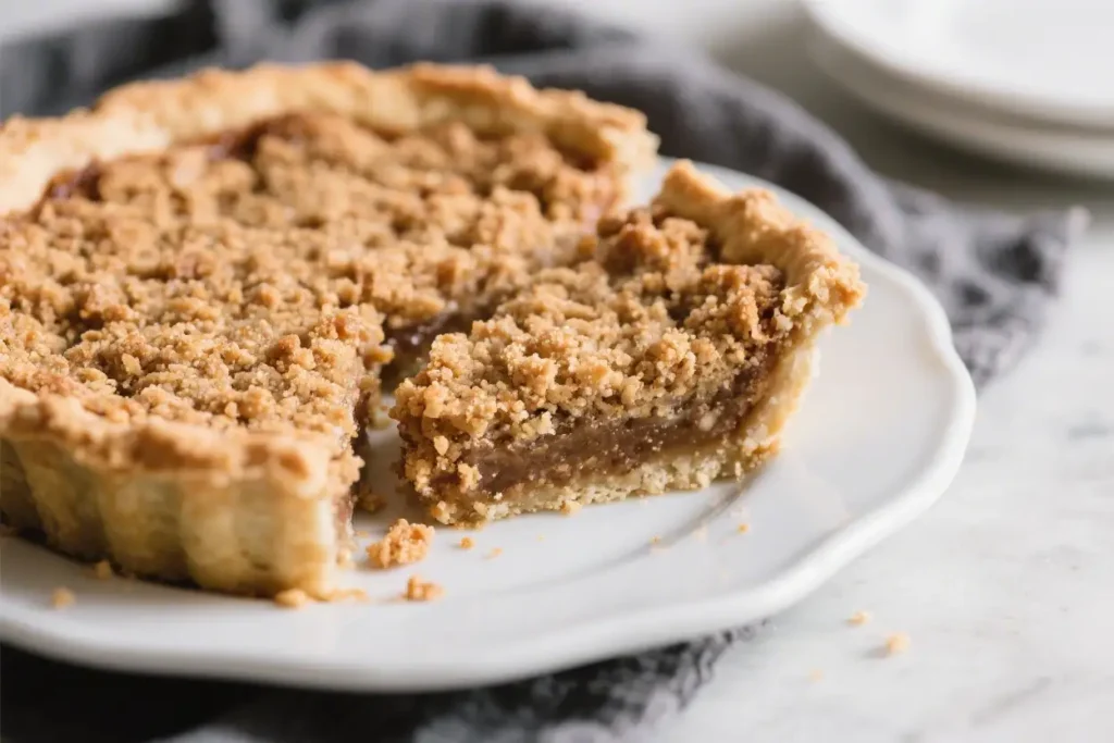 Slice of homemade shoofly pie with molasses filling and crumb topping in a flaky crust served on a white plate.