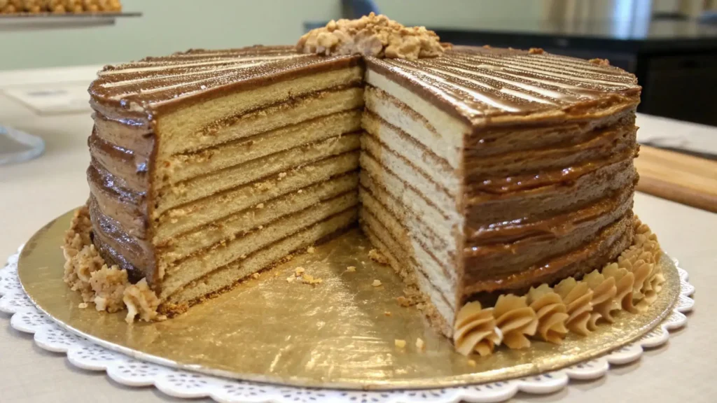 Multi-layer Smith Island cake with thin sponge layers and rich caramel frosting on a serving plate