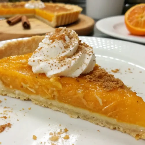 Slice of sour orange pie with bright orange citrus filling, flaky crust, and a dollop of whipped cream on top