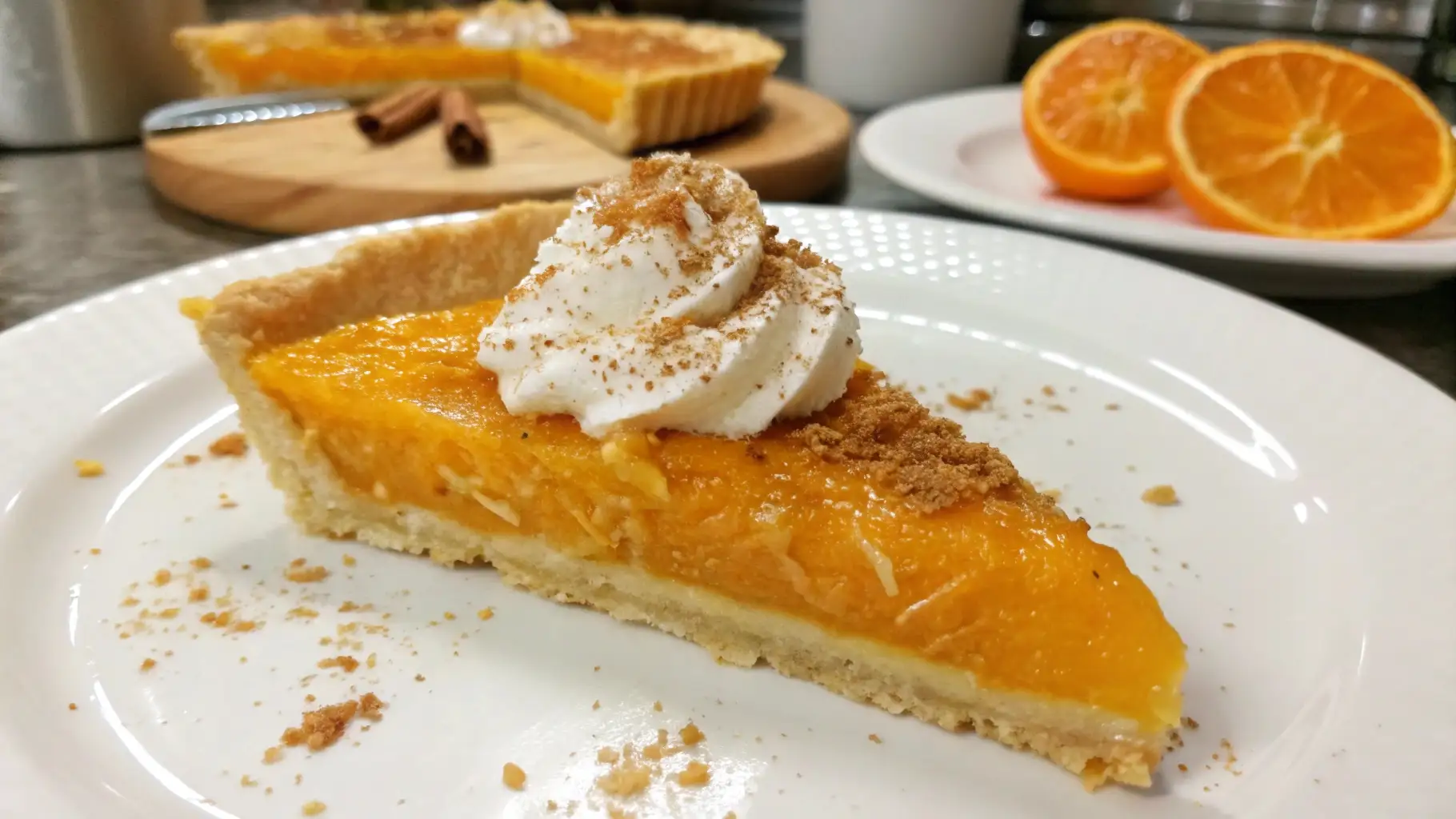 Slice of sour orange pie with bright orange citrus filling, flaky crust, and a dollop of whipped cream on top