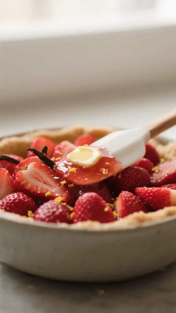 Fresh Strawberry Pie Easy Homemade Summer Dessert - Simple, Bright, and Bursting With Flavor 2 Close up of fresh strawberries in a pie crust being brushed with glossy glaze and butter, with vanilla bean and lemon zest visible.