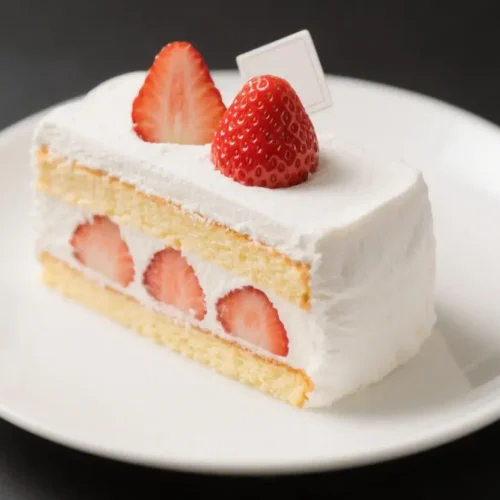 Slice of strawberry milk Japanese cake with fluffy sponge layers, whipped cream frosting, and fresh strawberries on a white plate.