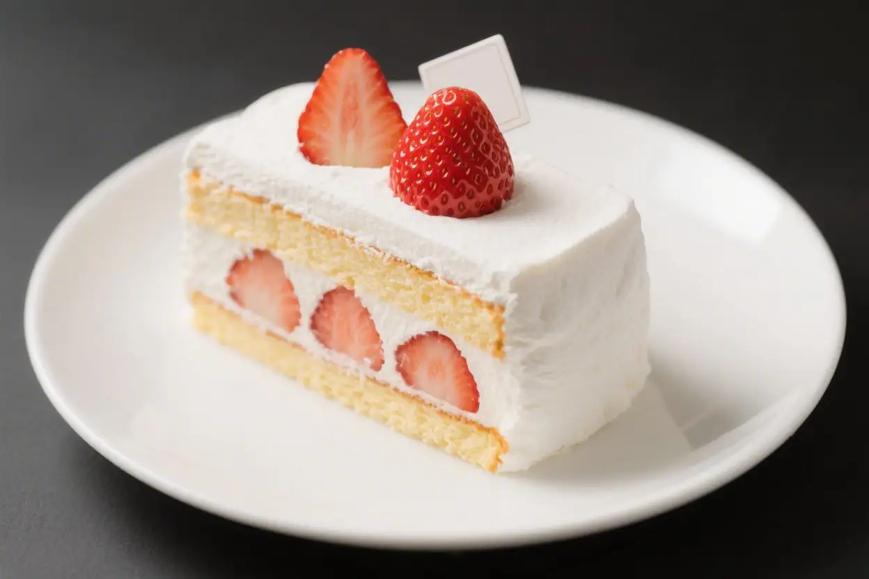 Slice of strawberry milk Japanese cake with fluffy sponge layers, whipped cream frosting, and fresh strawberries on a white plate.