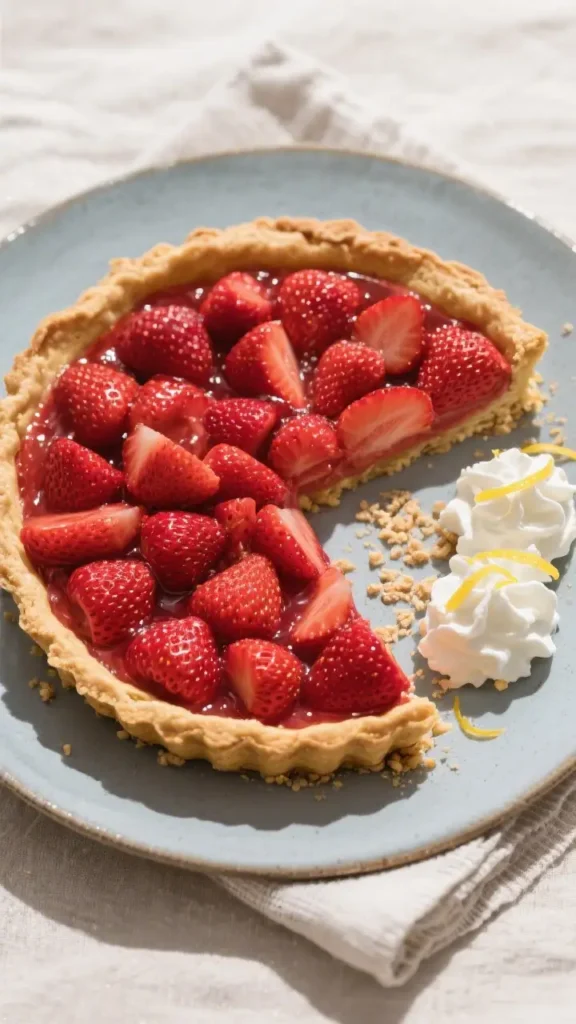 Fresh Strawberry Pie Easy Homemade Summer Dessert - Simple, Bright, and Bursting With Flavor 3 Slice of fresh strawberry pie with glossy strawberry filling in a flaky crust, served on a blue plate with whipped cream and lemon zest.