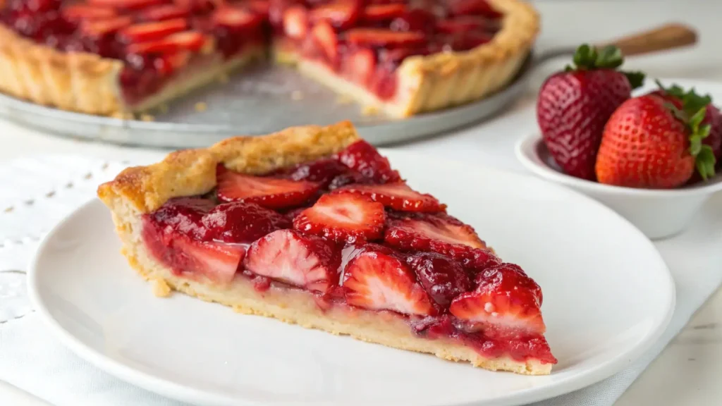 Slice of fresh strawberry pie with glossy strawberry filling and flaky crust on a white plate, with whole strawberries and pie in the background.