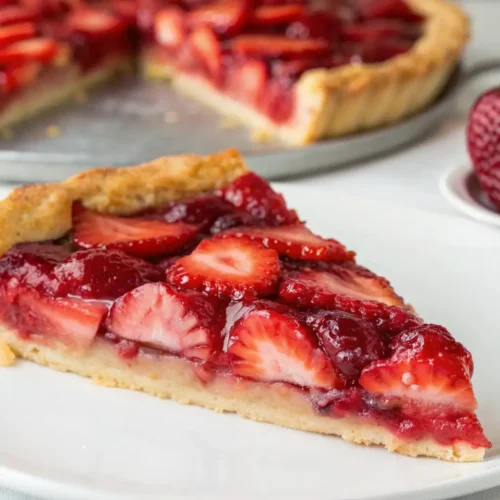 Fresh Strawberry Pie Easy Homemade Summer Dessert - Simple, Bright, and Bursting With Flavor 4 Slice of fresh strawberry pie with glossy strawberry filling and flaky crust on a white plate, with whole strawberries and pie in the background.