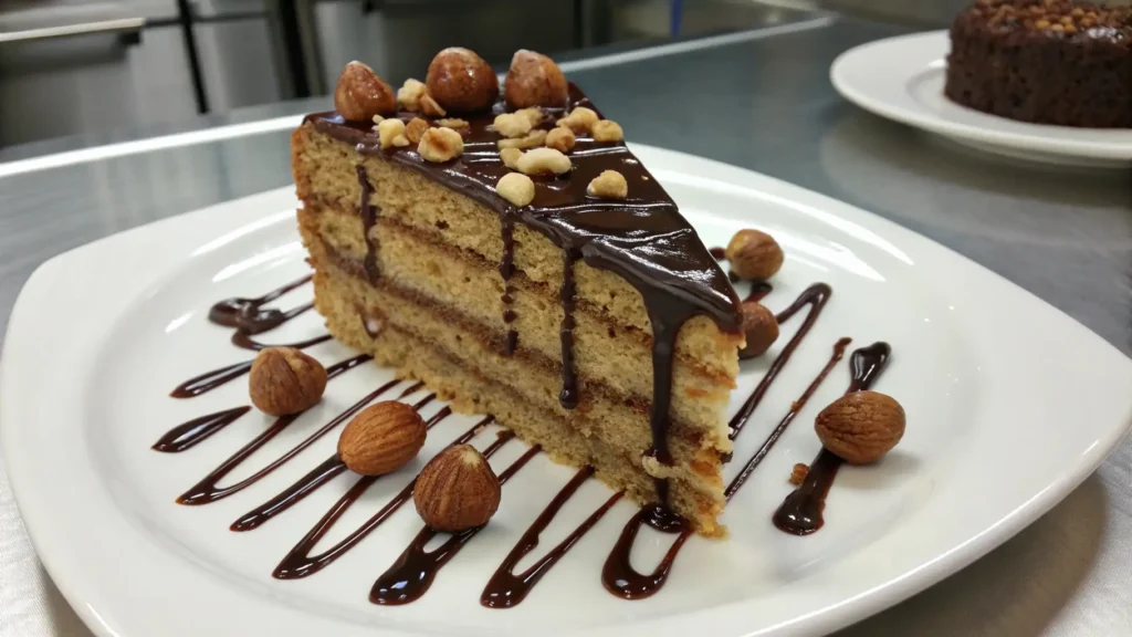 Slice of Swiss hazelnut cake layered with cream, topped with glossy chocolate ganache and whole hazelnuts on a white plate with chocolate drizzle.