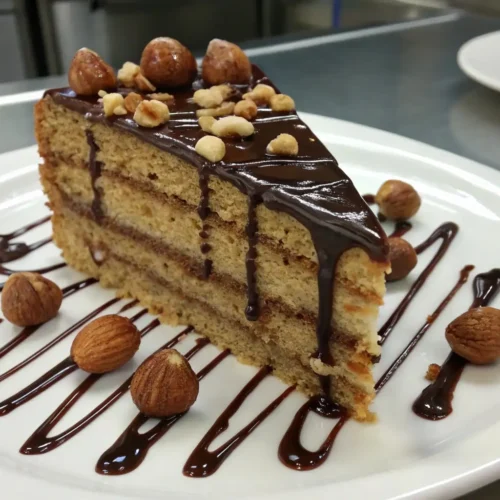 Slice of Swiss hazelnut cake layered with cream, topped with glossy chocolate ganache and whole hazelnuts on a white plate with chocolate drizzle.