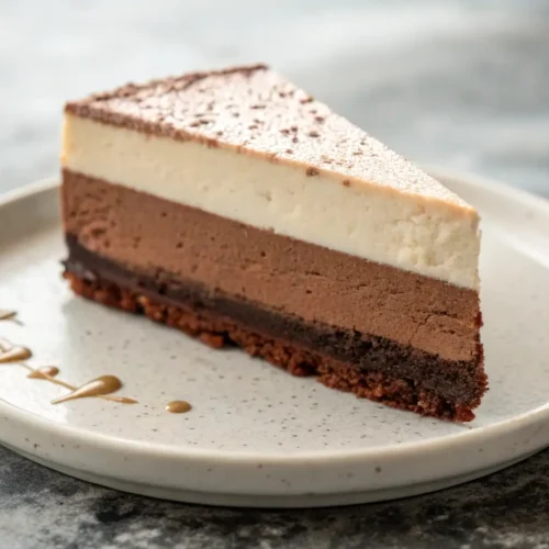 Triple Chocolate Mousse Cake Rich Layered Dessert - A Crowd-Pleasing Classic 2 Slice of triple chocolate mousse cake with chocolate sponge base, dark and milk chocolate mousse layers, topped with white chocolate mousse and dusted cocoa on a white plate.