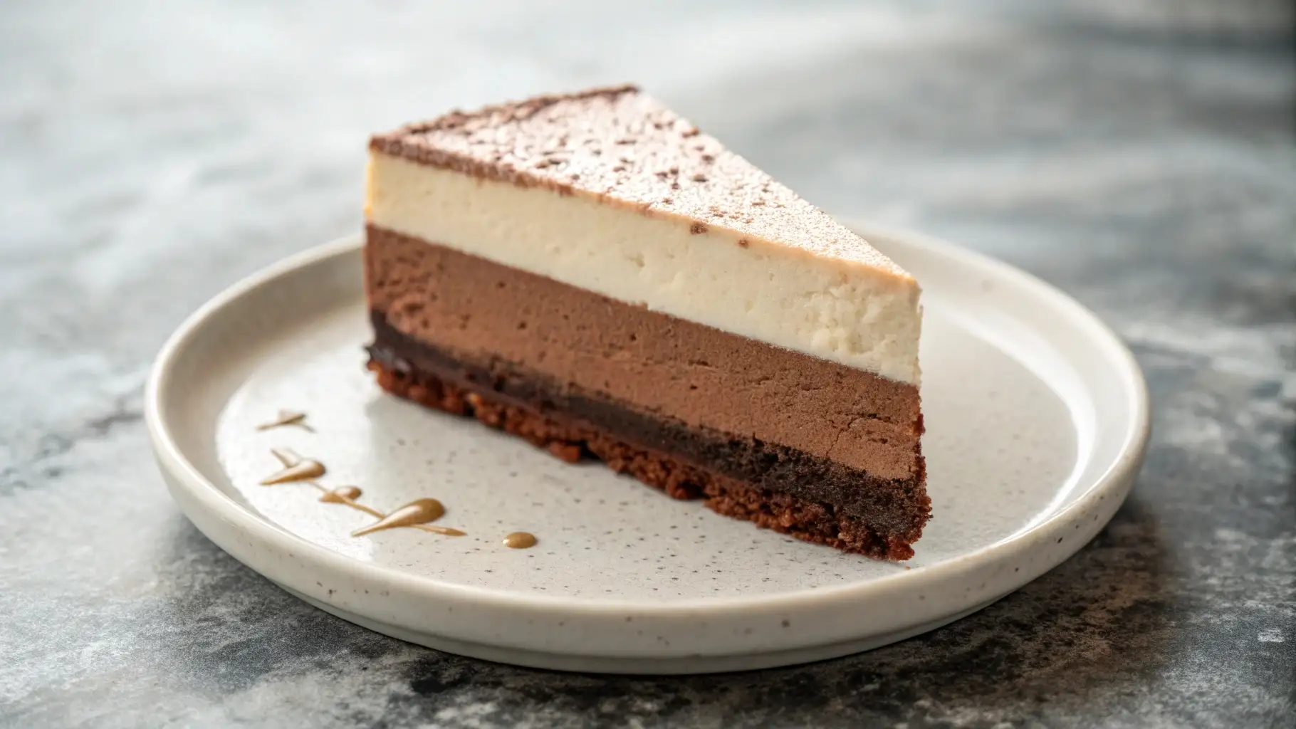 Triple Chocolate Mousse Cake Rich Layered Dessert - A Crowd-Pleasing Classic 1 Slice of triple chocolate mousse cake with chocolate sponge base, dark and milk chocolate mousse layers, topped with white chocolate mousse and dusted cocoa on a white plate.