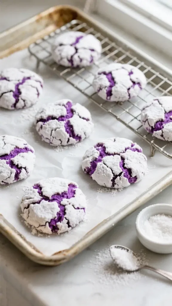A top-down photograph of purple ube crinkle cookies coated in white powdered sugar. Four cookies rest on a wire cooling rack over parchment paper on a baking sheet, while six more sit directly on the parchment. A small bowl of sugar and a sugar-dusted spoon are in the foreground.