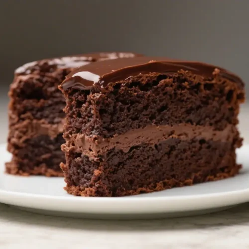 Moist chocolate wacky cake slice with creamy frosting and glossy chocolate topping on a white plate