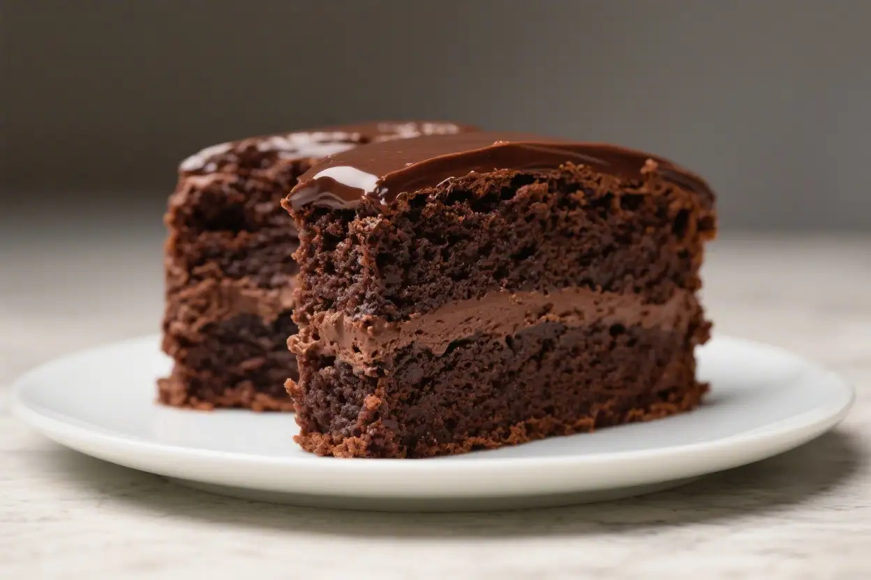 Moist chocolate wacky cake slice with creamy frosting and glossy chocolate topping on a white plate