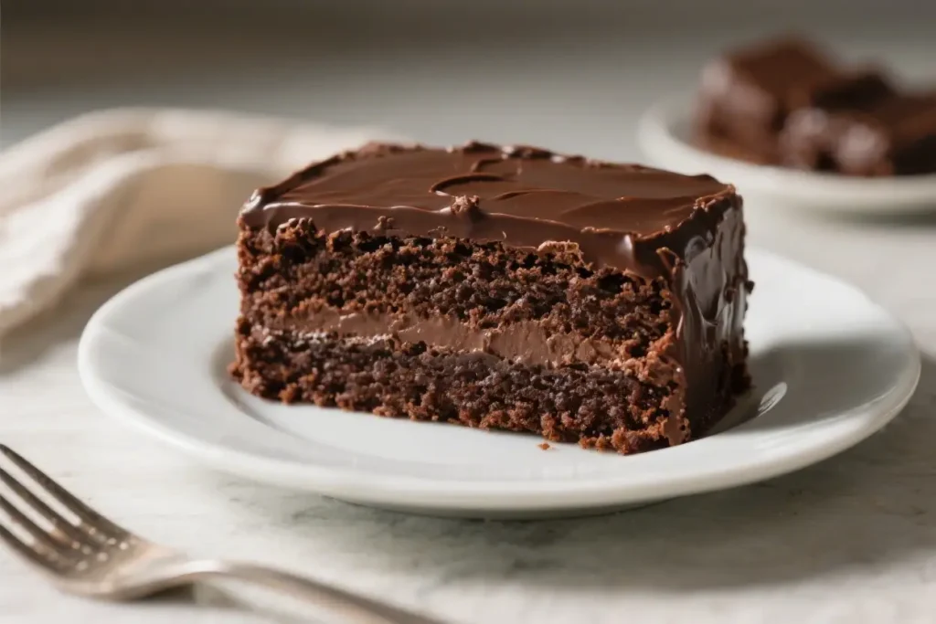 A close-up photograph of a rectangular slice of rich chocolate cake with a dark, textured crumb, filled with a central layer of chocolate cream and topped with a glossy, smooth chocolate glaze, sitting on a white plate with a silver fork nearby and chocolate pieces in the background.