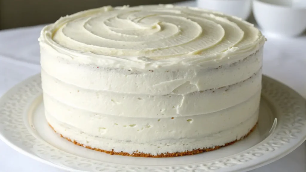 White layer cake with smooth vanilla buttercream frosting and soft fluffy texture