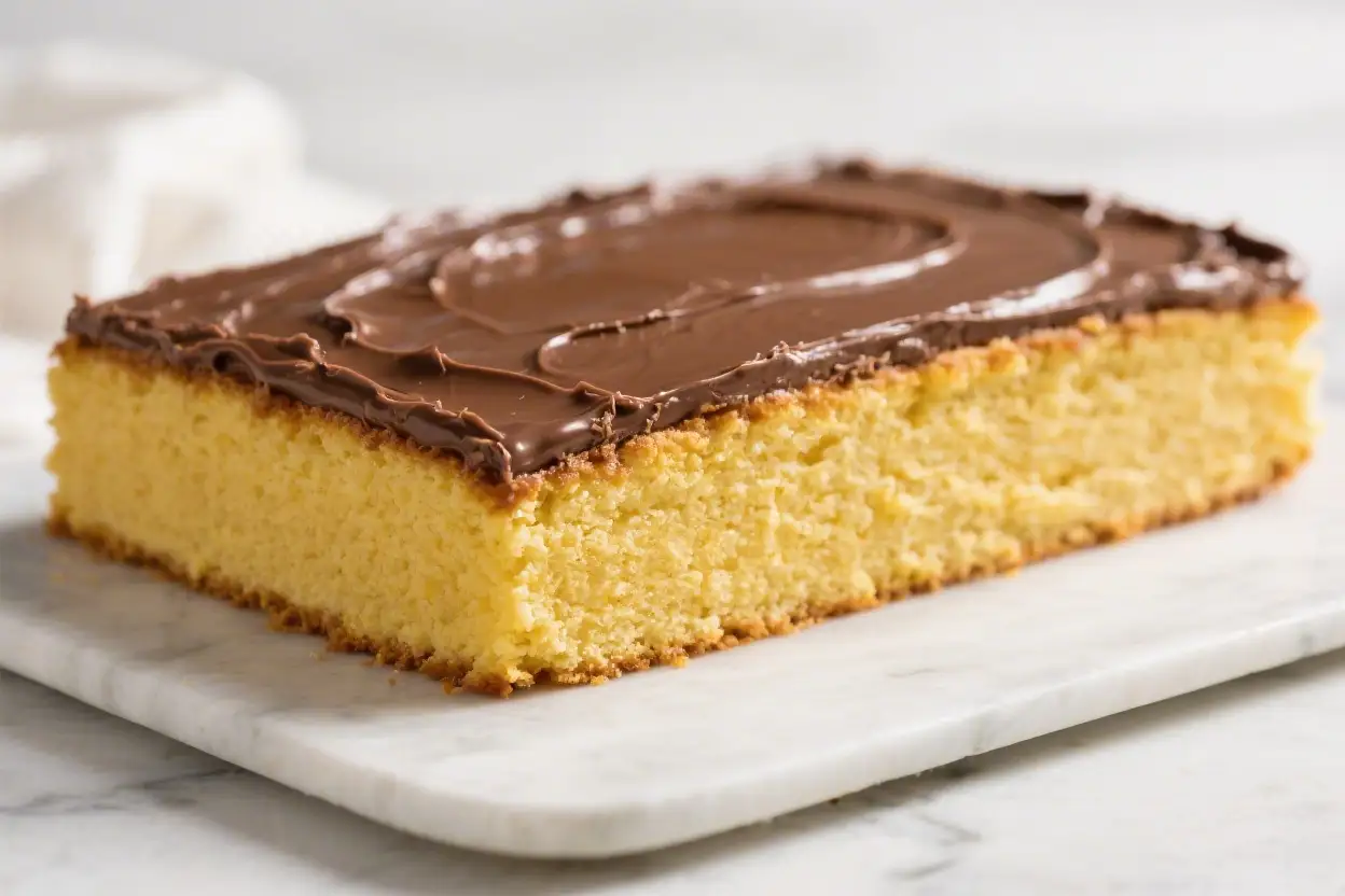 Moist yellow sheet cake topped with smooth chocolate frosting on a white marble board, close up showing soft fluffy crumb and glossy icing