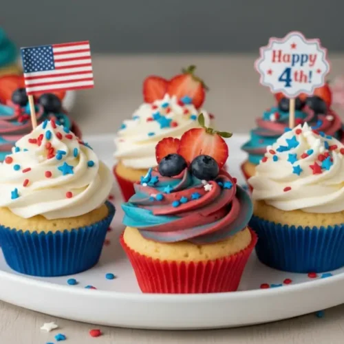 4th of July cupcakes with red white and blue frosting sprinkles strawberries blueberries and American flag toppers