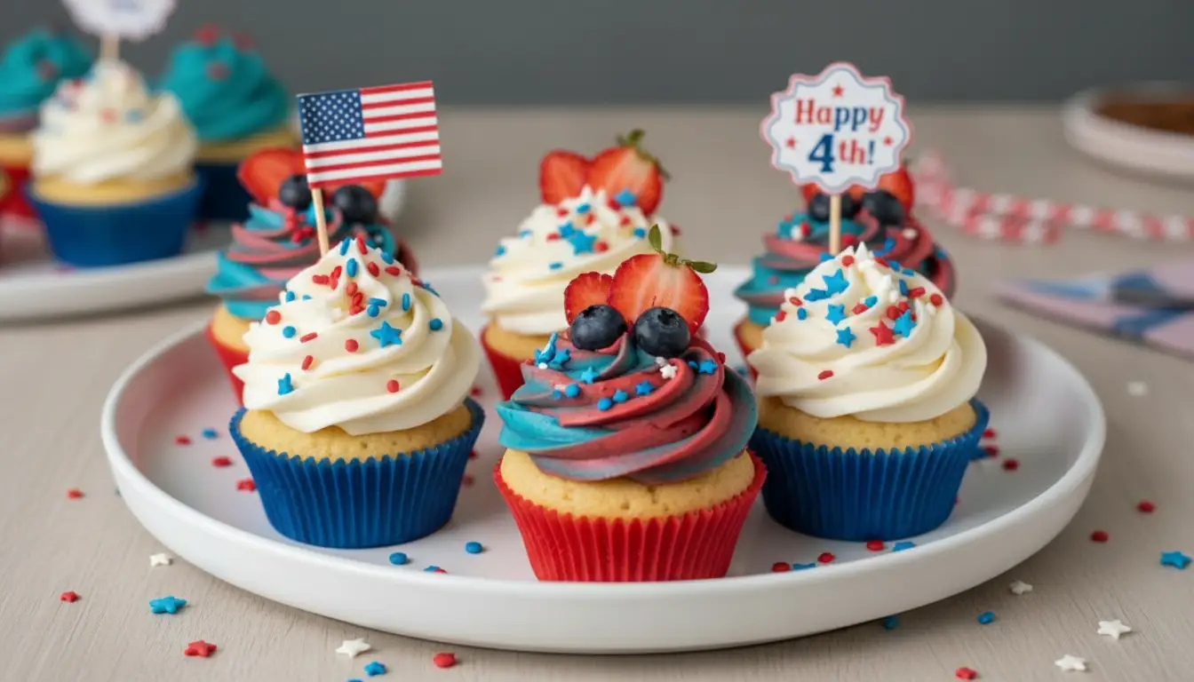 4th of July cupcakes with red white and blue frosting sprinkles strawberries blueberries and American flag toppers