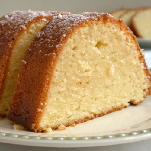 Moist 7UP pound cake slice on a plate with golden crust and soft buttery crumb, lightly dusted with powdered sugar.