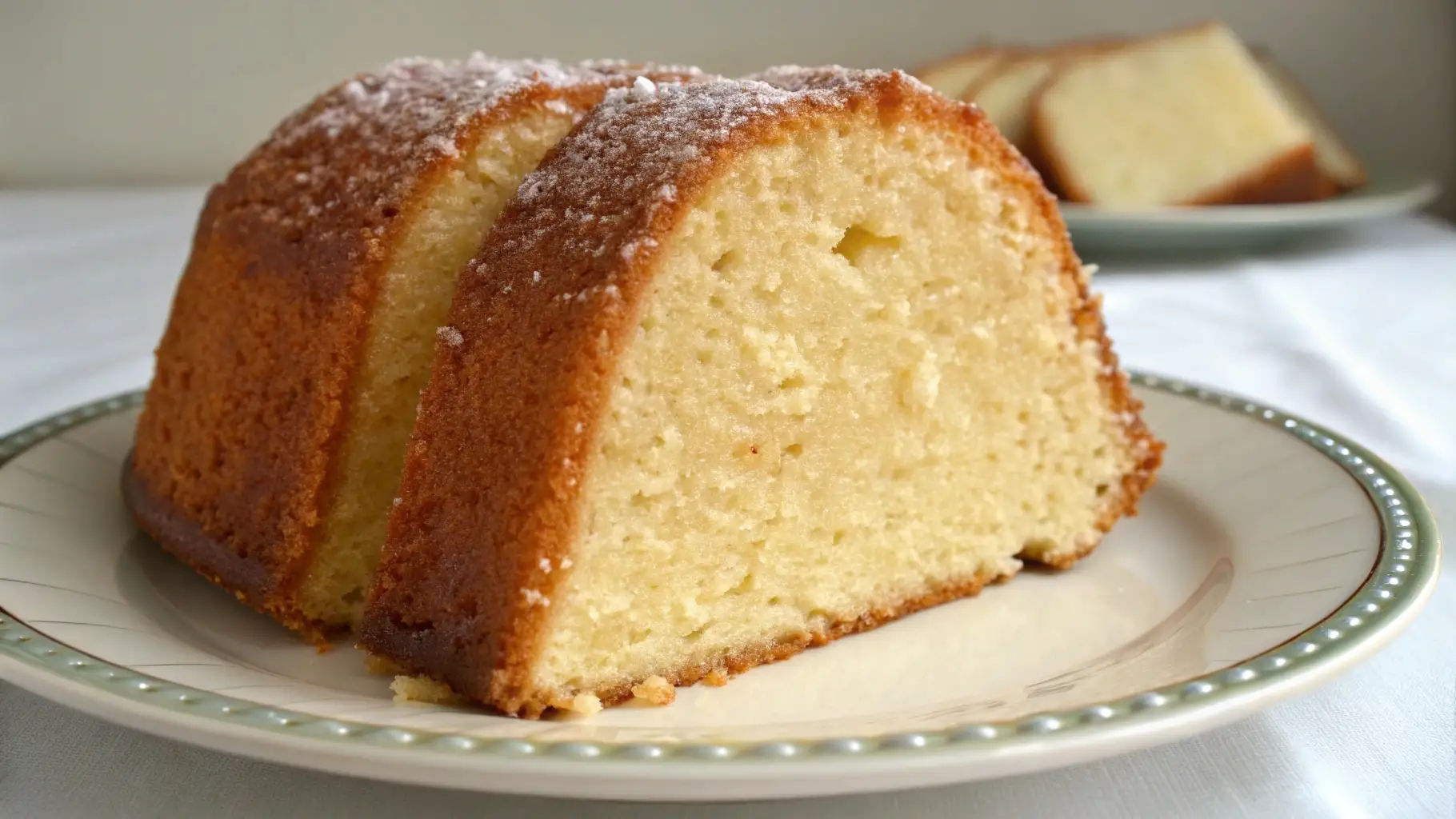 Moist 7UP pound cake slice on a plate with golden crust and soft buttery crumb, lightly dusted with powdered sugar.