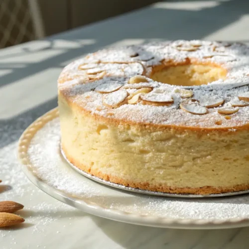 Almond chiffon cake with a light airy texture topped with powdered sugar and sliced almonds on a serving plate